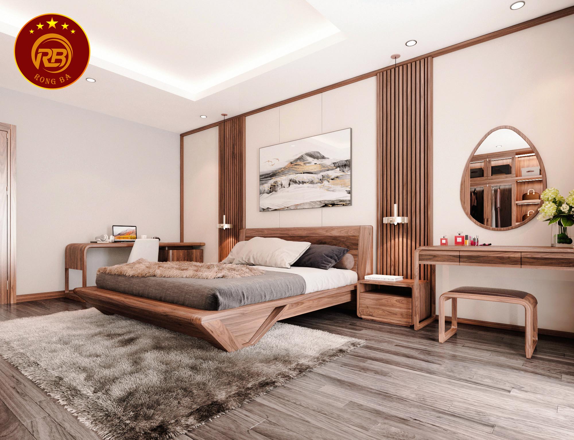 Thiết kế nội thất phòng ngủ gỗ óc chó hiện đại và đẳng cấp