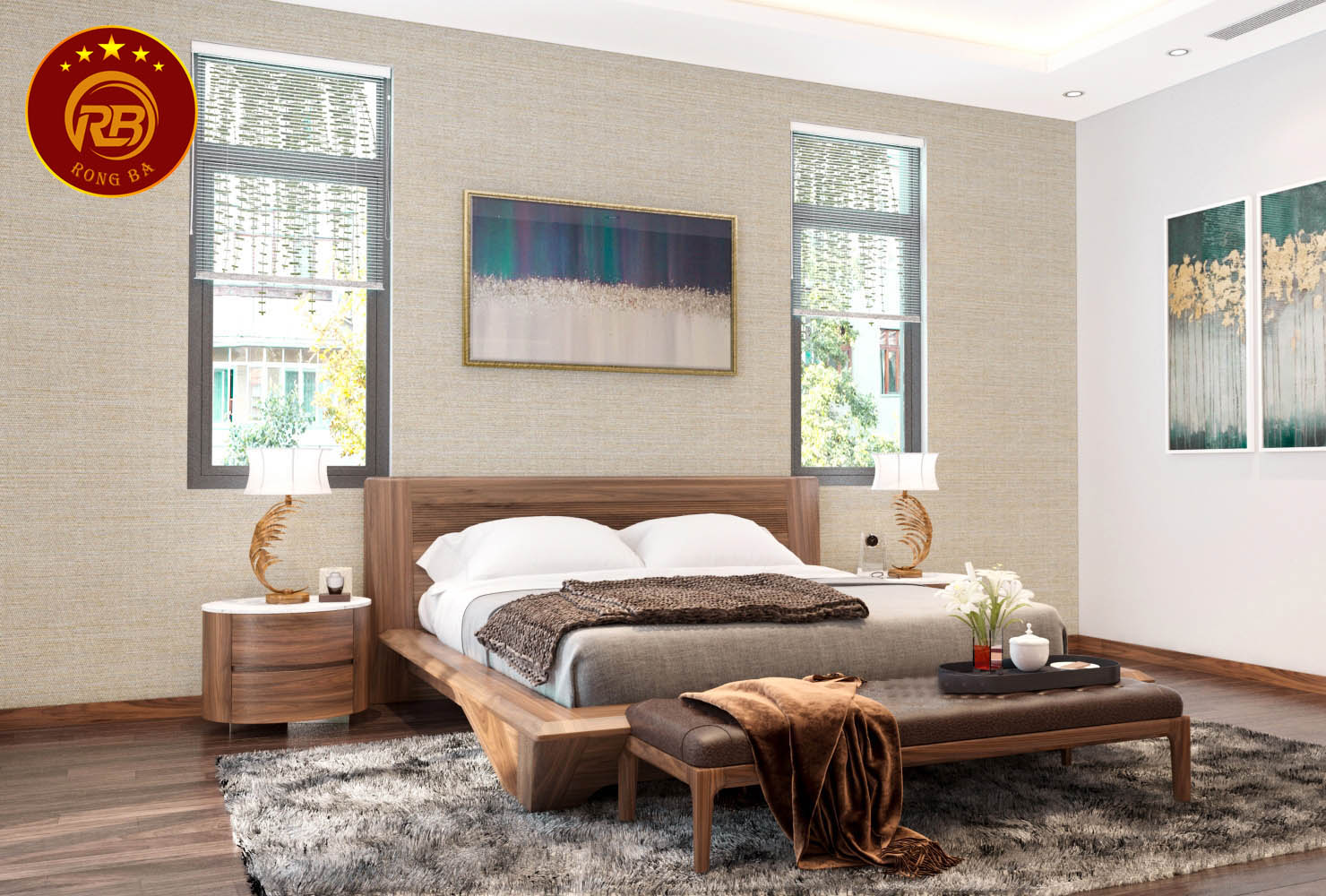 Thiết kế nội thất phòng ngủ gỗ óc chó hiện đại và đẳng cấp
